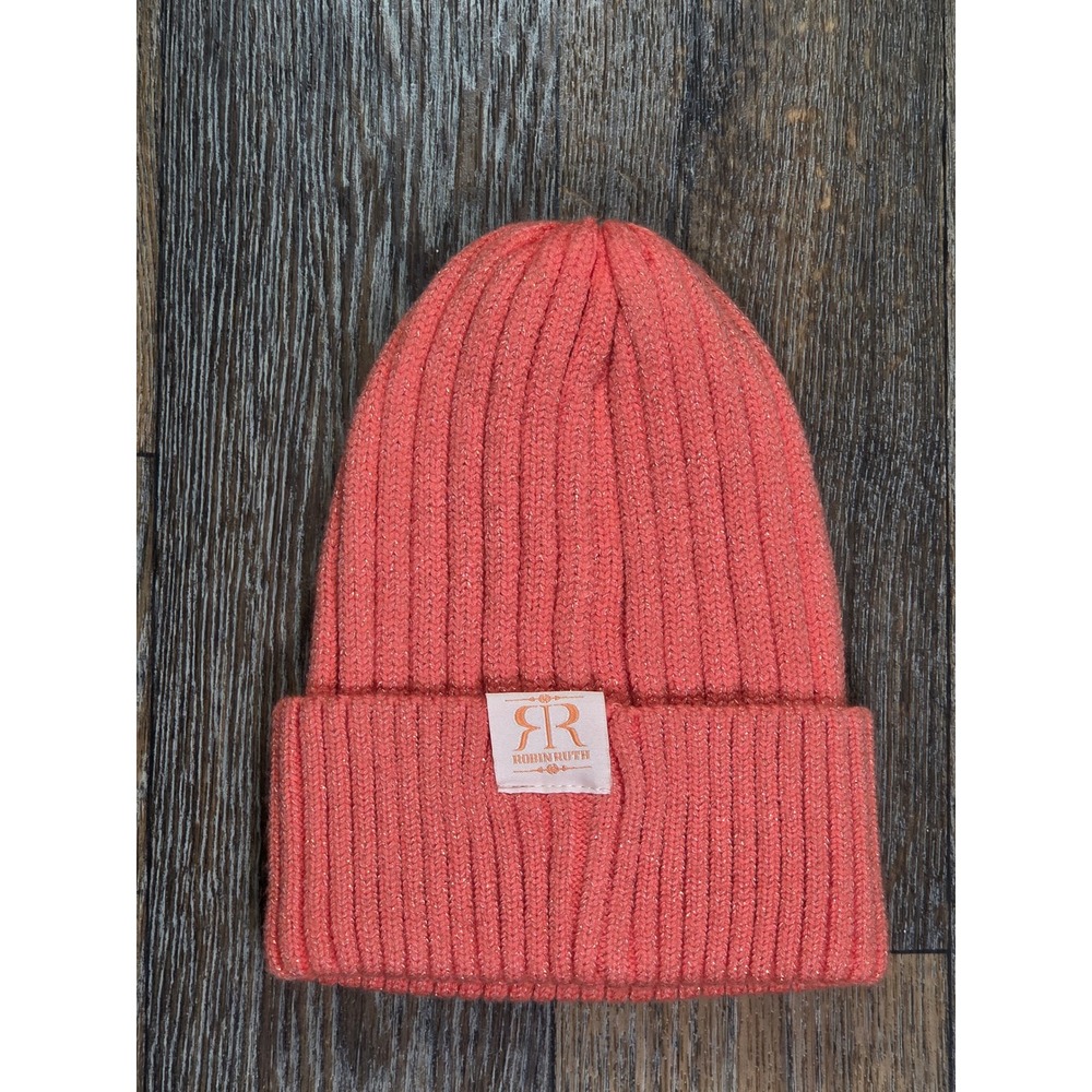 Robin Ruth Colorado Beanie Coral Pink Metallic Ribbed Knit Souvenir Hat Womens